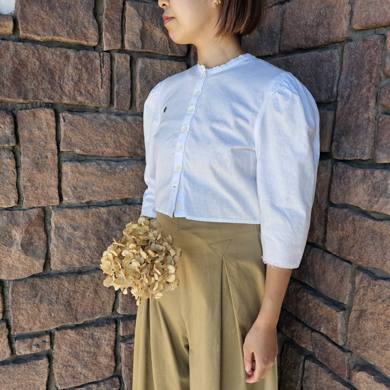 Euro Vintage(ヨーロッパヴィンテージ) 切りっぱなしBaumwollミニレースブラウス 40(Lサイズ程度) ホワイト