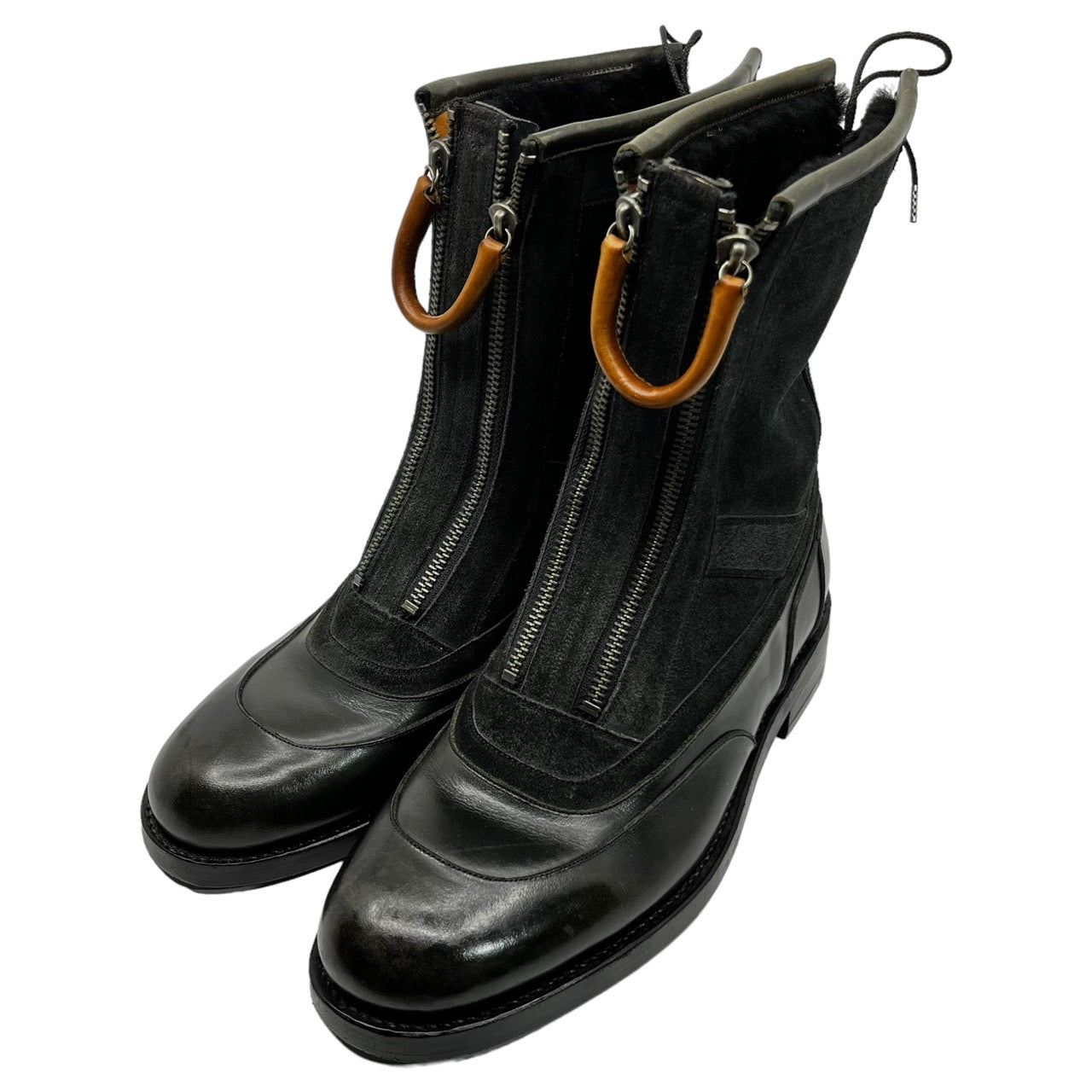 foot the coacher(フットザコーチャー) leather handle double zip boots レザーハンドル ダブルジップ ブーツ 本革 SIZE表記無し ブラック×ブラウン 内ボア
