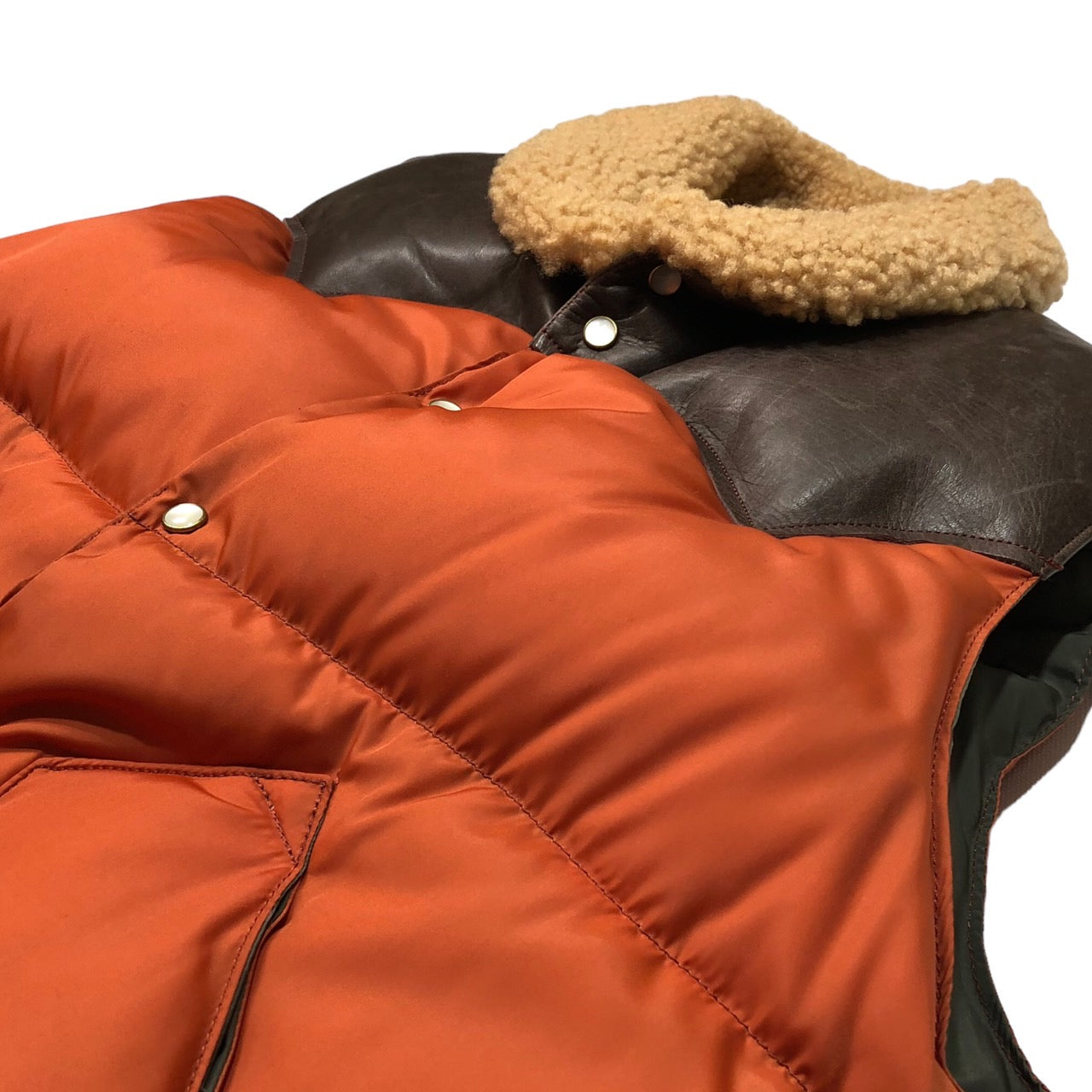 Rocky Mountain FeatherBed×WAREHOUSE(ロッキーマウンテンフェザーベッド×ウエアハウス) NYLON CHRISTY VEST/ナイロンクリスティーベスト/レザー切替ダウンベスト 450-492-72 36(S程度) ブラウン×オレンジ 限定モデル/Lot 2198