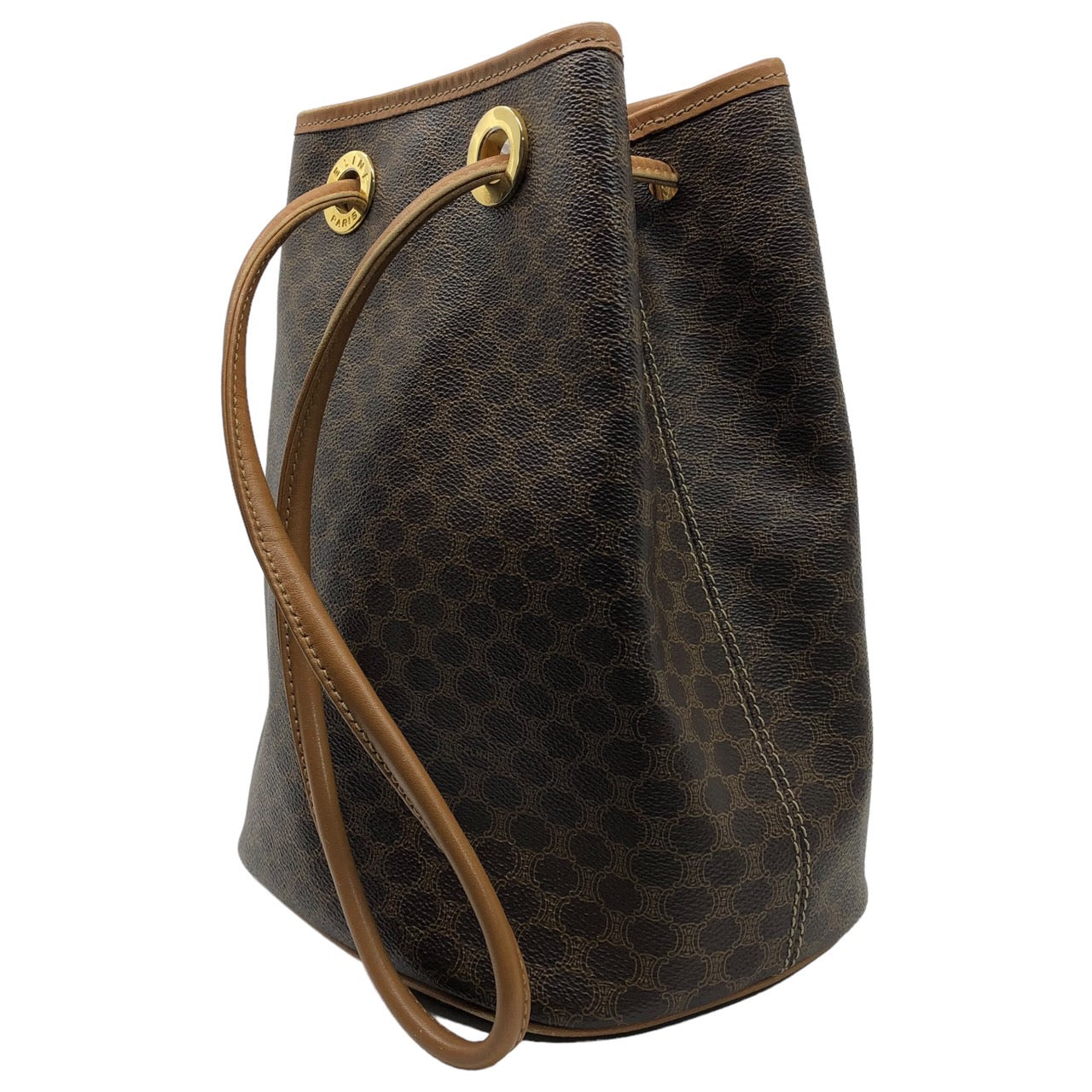 CELINE(セリーヌ) マカダム柄 巾着 トートバッグ 肩掛け ショルダーバッグ レザー バケツ型 M08 ブラウン OLD CELINE オールドセリーヌ ヴィンテージ