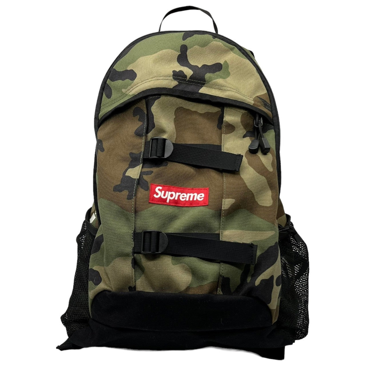 SUPREME(シュプリーム) 14SS BACKPACK ボックパック カモフラ デイパック リュック ロゴ カーキ×ブラック プリント割れ有