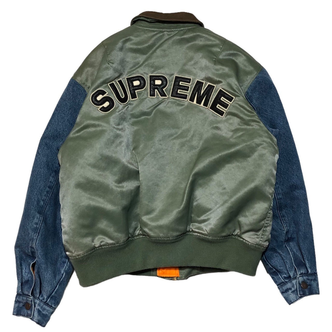 SUPREME(シュプリーム) 23SS Denim Sleeve Ma-1 "Olive" デニム スリーブ フライト ジャケット バック ロゴ M オリーブ×インディゴ