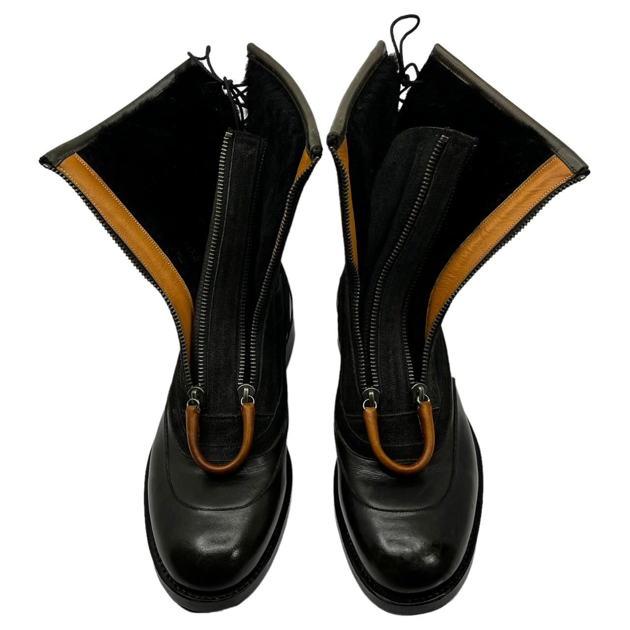 foot the coacher(フットザコーチャー) leather handle double zip boots レザーハンドル ダブルジップ ブーツ 本革 SIZE表記無し ブラック×ブラウン 内ボア