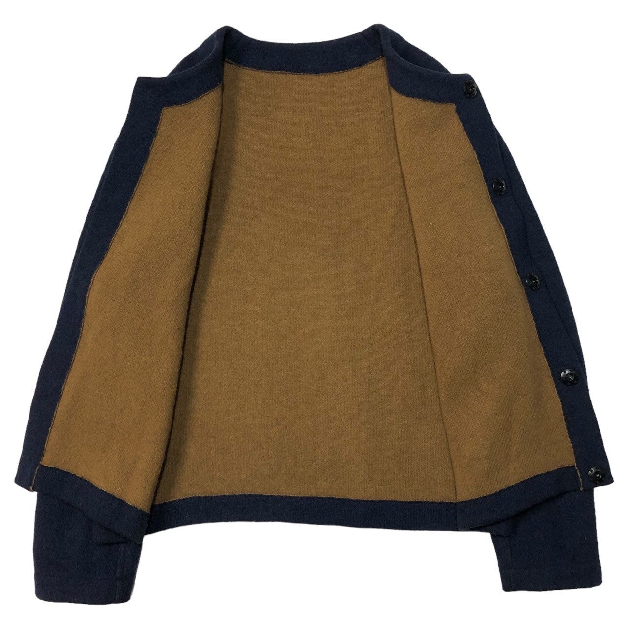 SUNSEA(サンシー) snap button knit jacket スナップボタン ニット ジャケット ネイビー×ブラウン 右肩ホツレ(穴)有