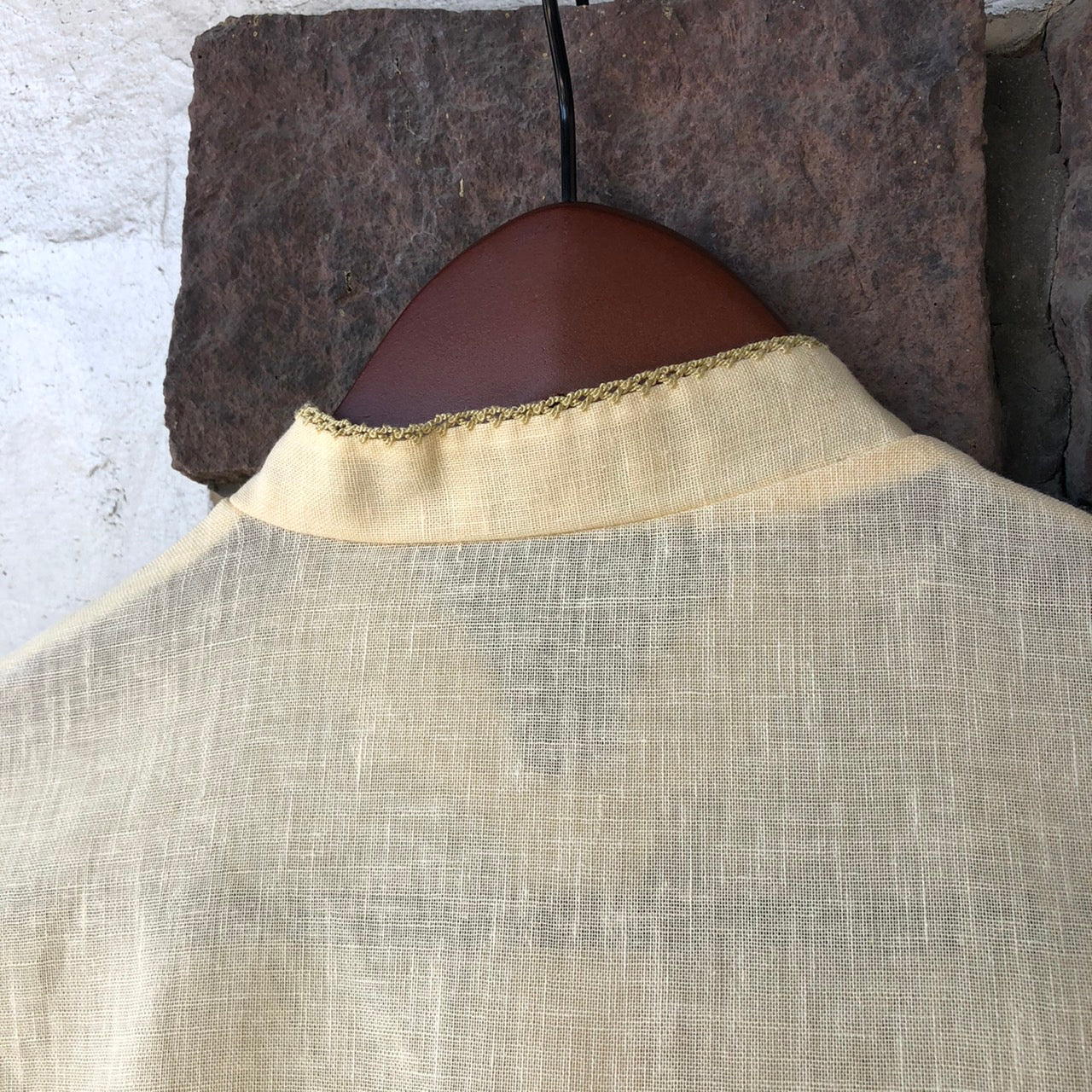 Vintage(ヴィンテージ) パプスリーブ×フレンチボタン半袖シャツ 36(Mサイズ程度) イエロー ドイツ製