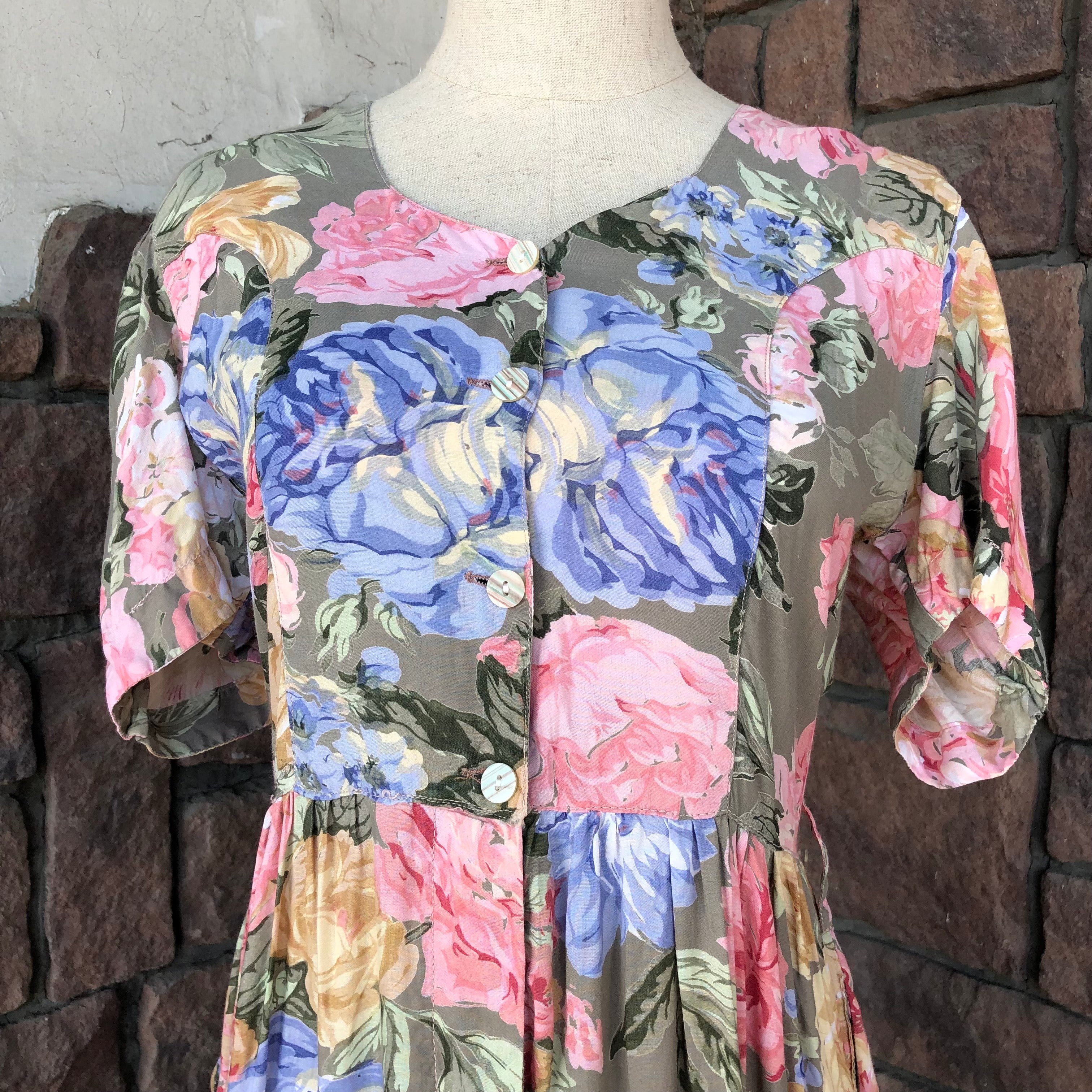 Euro Vintage(ヨーロッパヴィンテージ) Watercolor_浮かぶ花の半袖ワンピース S グリーン