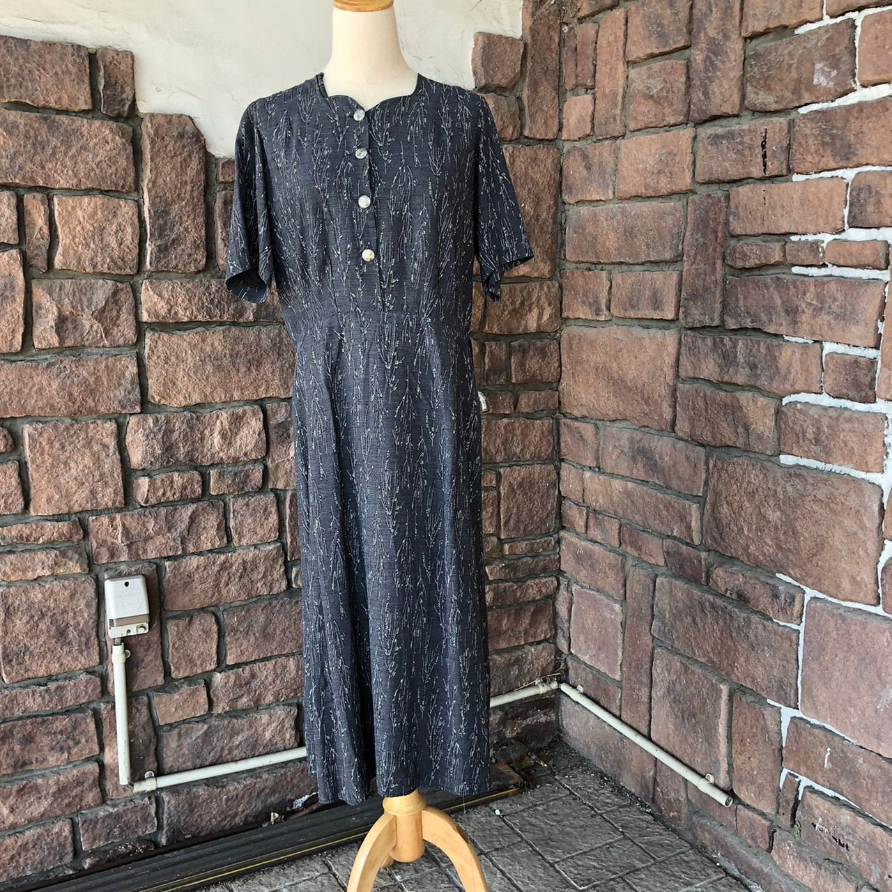 Euro Vintage(ヨーロッパヴィンテージ) NightGreen_ボタニカル半袖ワンピース 表記なし(Mサイズ程度) グレー