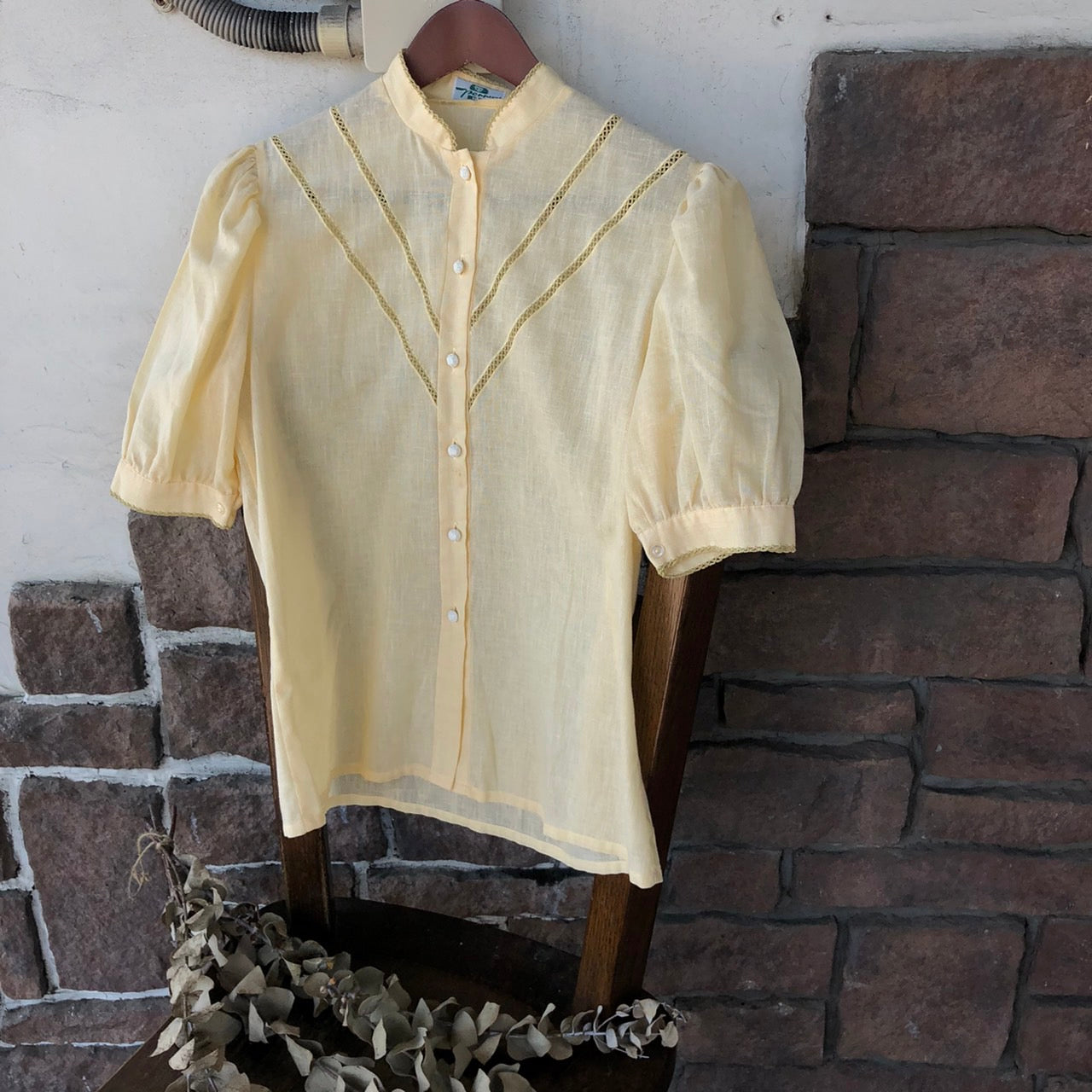 Vintage(ヴィンテージ) パプスリーブ×フレンチボタン半袖シャツ 36(Mサイズ程度) イエロー ドイツ製