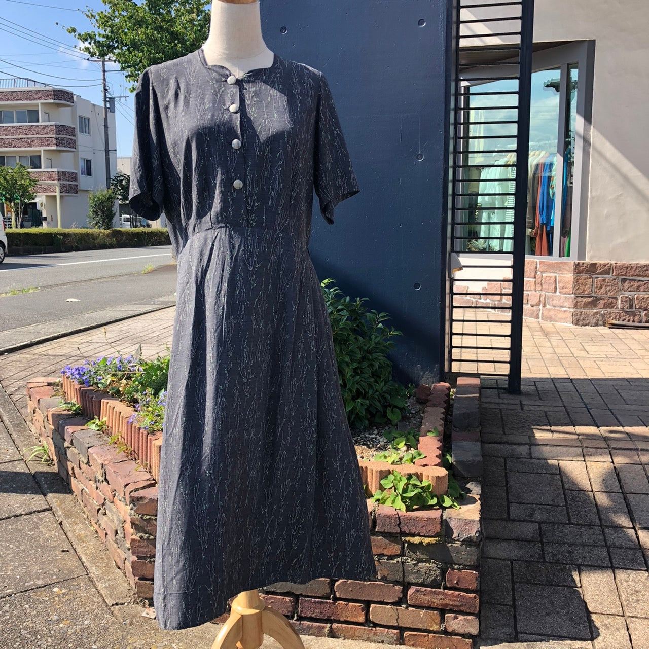 Euro Vintage(ヨーロッパヴィンテージ) NightGreen_ボタニカル半袖ワンピース 表記なし(Mサイズ程度) グレー