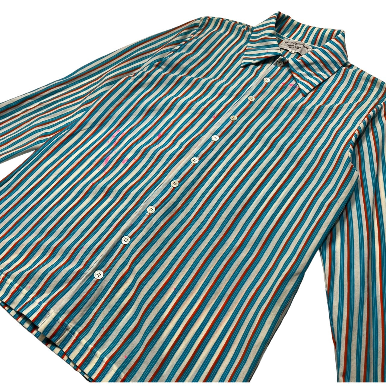 MASAKI MATSUSHIMA(マサキマツシマ) 00's Painted striped shirt ペンキ加工 ストレッチ ストライプシャツ 長袖 3(L程度) ホワイト×ブルー