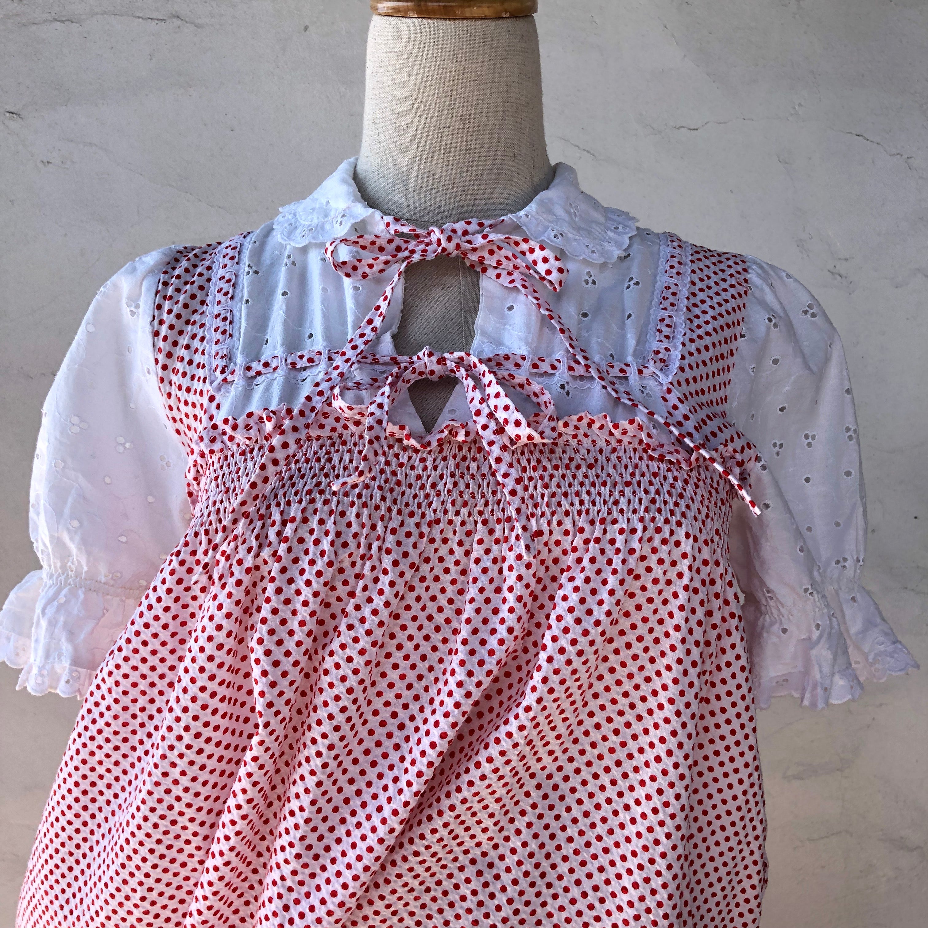 Euro Vintage(ヨーロッパヴィンテージ) Ribon_ドットレースの気分ワンピース 表記なし(Mサイズ程度) レッド