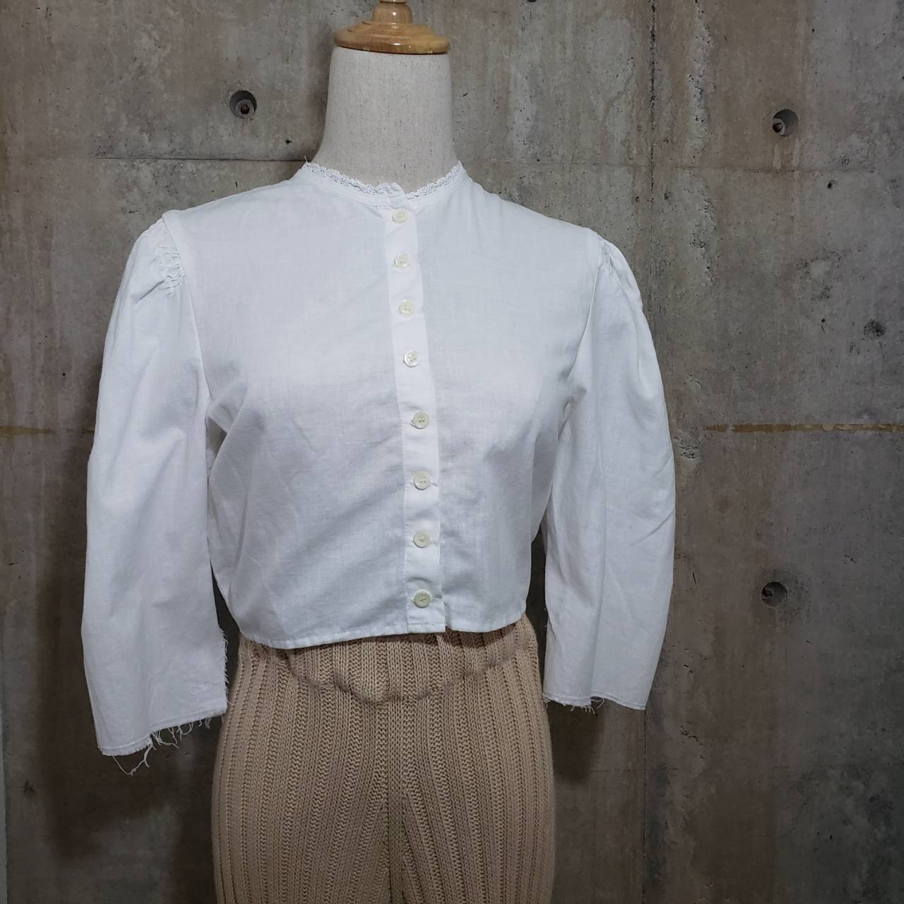 Euro Vintage(ヨーロッパヴィンテージ) 切りっぱなしBaumwollミニレースブラウス 40(Lサイズ程度) ホワイト