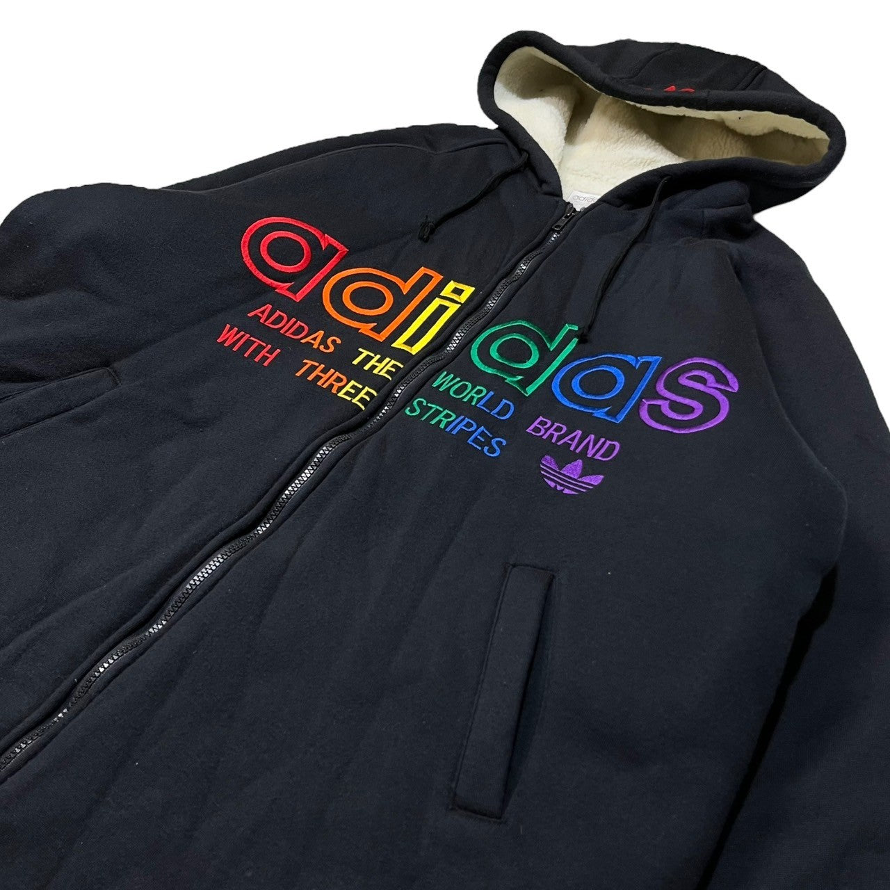 adidas(アディダス) 80's ~ 90's Logo oversized boa hoodie ロゴ刺繍 裏ボア オーバーサイズ ジップ パーカー ASC-5102 160(メンズXL程度) ブラック 80年代 ~ 90年代 デサント製