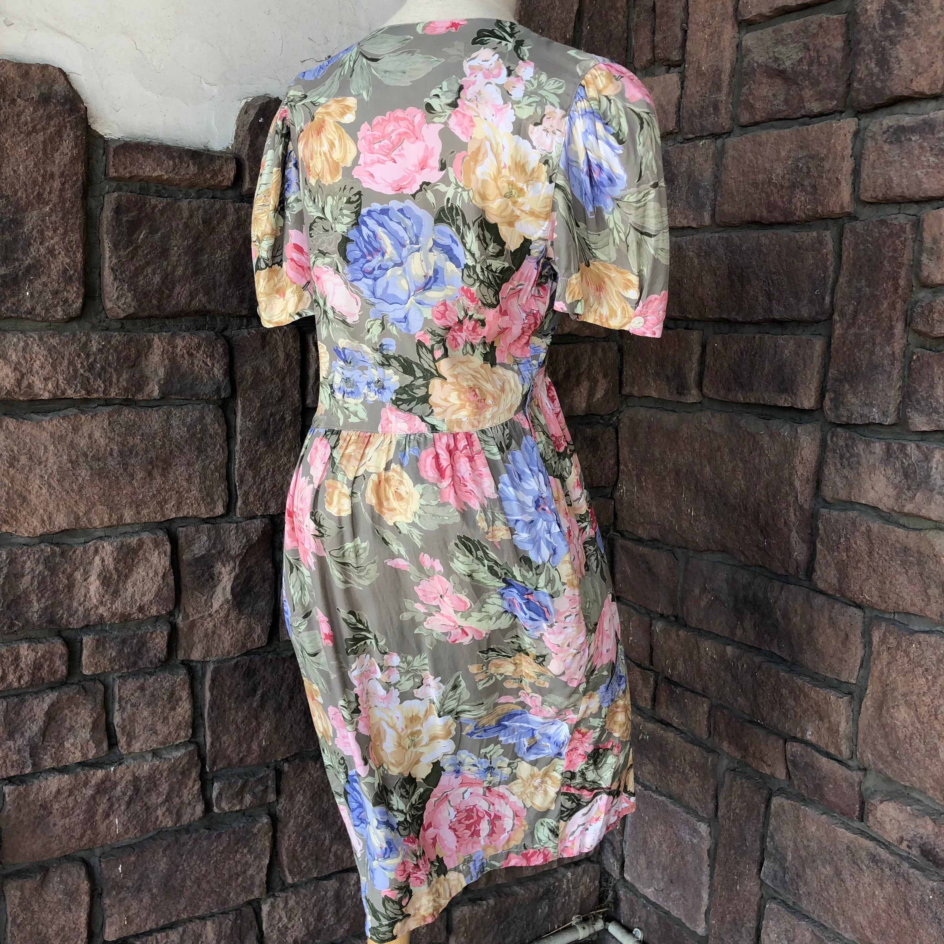 Euro Vintage(ヨーロッパヴィンテージ) Watercolor_浮かぶ花の半袖ワンピース S グリーン