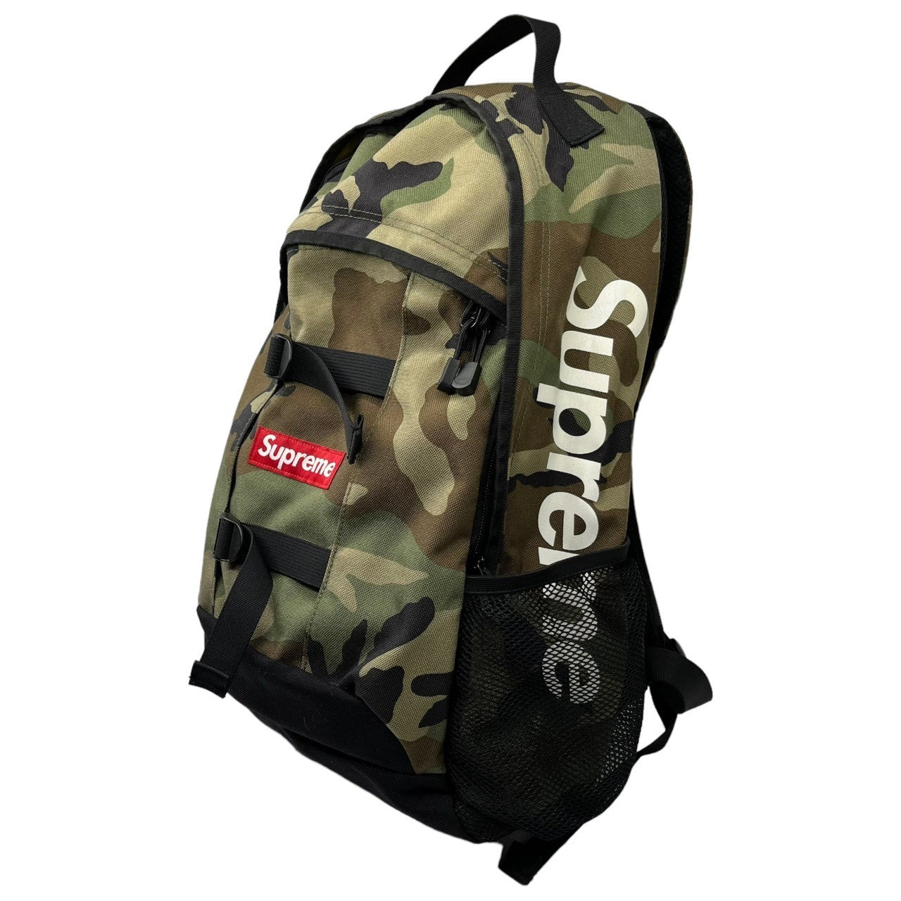 SUPREME(シュプリーム) 14SS BACKPACK ボックパック カモフラ デイパック リュック ロゴ カーキ×ブラック プリント割れ有