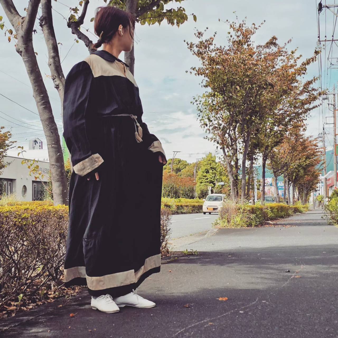 VINTAGE(ヴィンテージ) 1800~1900's切替リネンロングワンピース 表記なし(Lサイズ程度) ブラック Ark Bearer