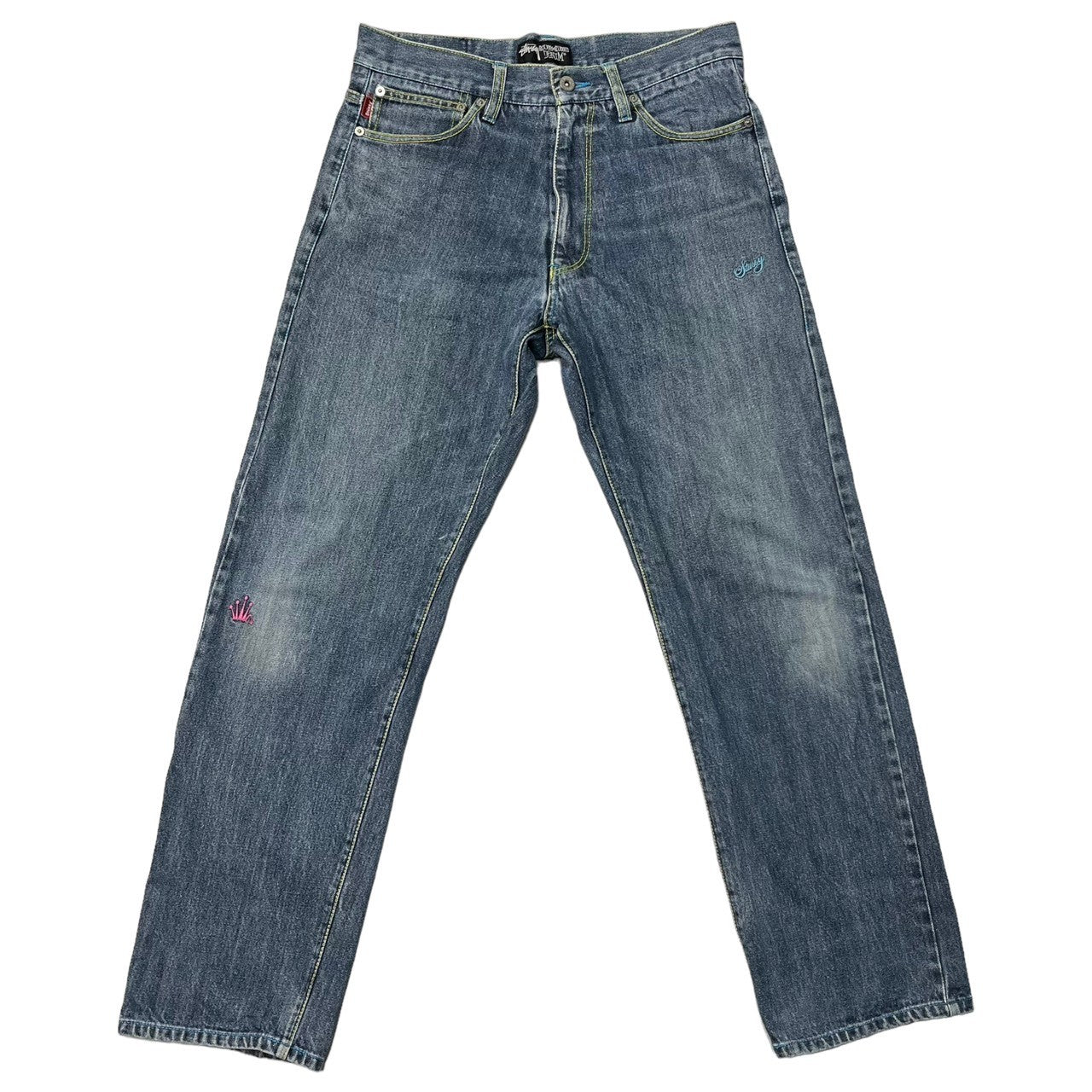STUSSY(ステューシー) 00's logo embroidery denim ロゴ 刺繍 デニム パンツ ジーンズ ドクロ 107SF W30 インディゴ ROUGH & RUGGED Y2K