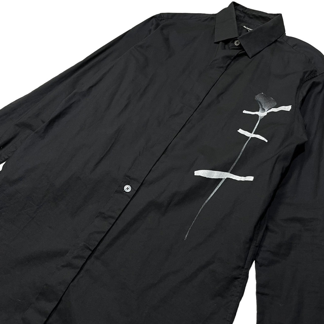 ANN DEMEULEMEESTER(アンドゥムルメステール) Single flower one point print dress shirt 一輪の花 ワンポイント プリント ドレスシャツ SIZE XS ブラック×ホワイト