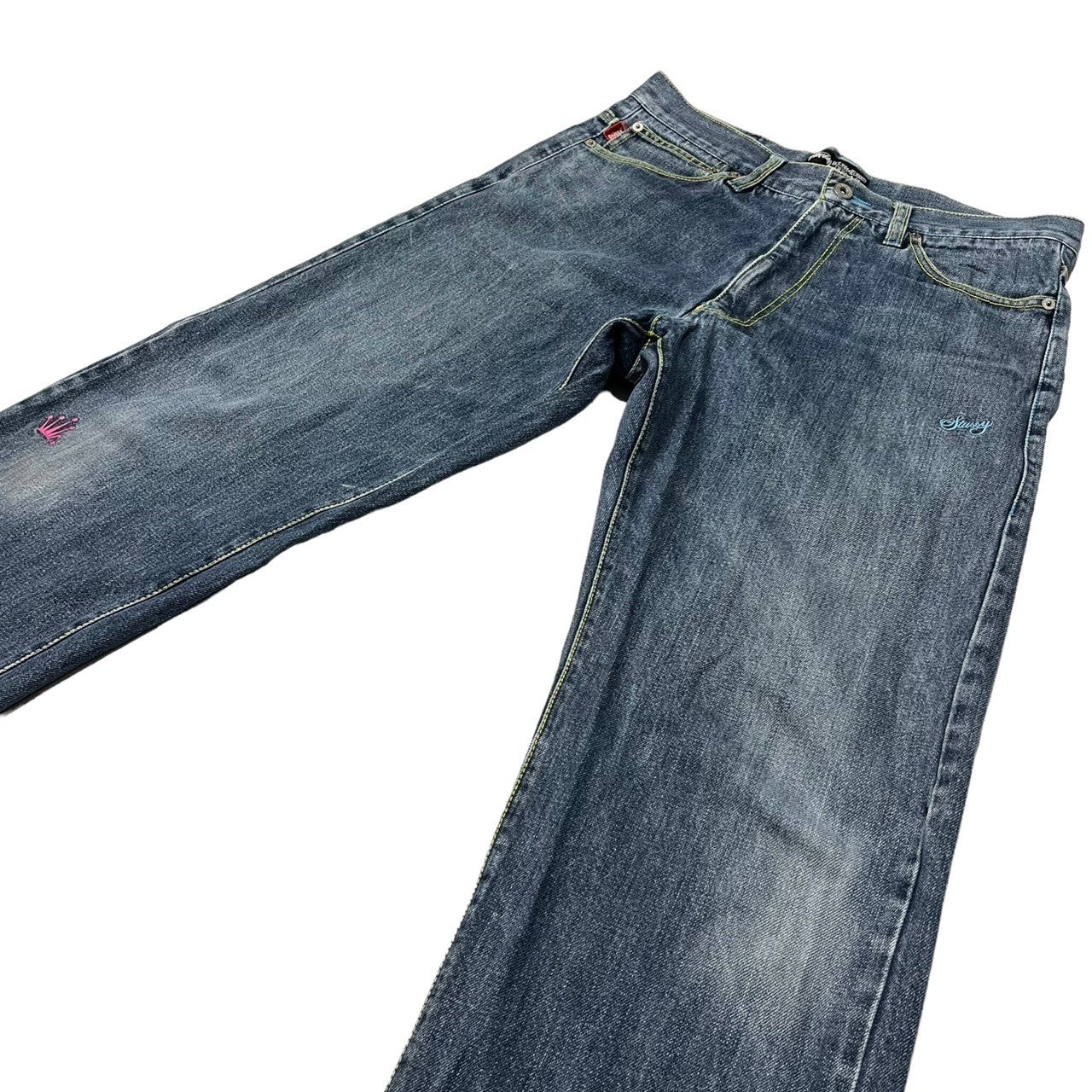 STUSSY(ステューシー) 00's logo embroidery denim ロゴ 刺繍 デニム パンツ ジーンズ ドクロ 107SF W30 インディゴ ROUGH & RUGGED Y2K