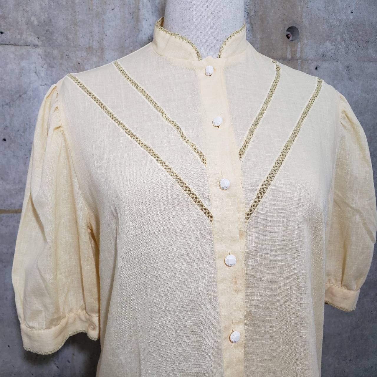 Vintage(ヴィンテージ) パプスリーブ×フレンチボタン半袖シャツ 36(Mサイズ程度) イエロー ドイツ製