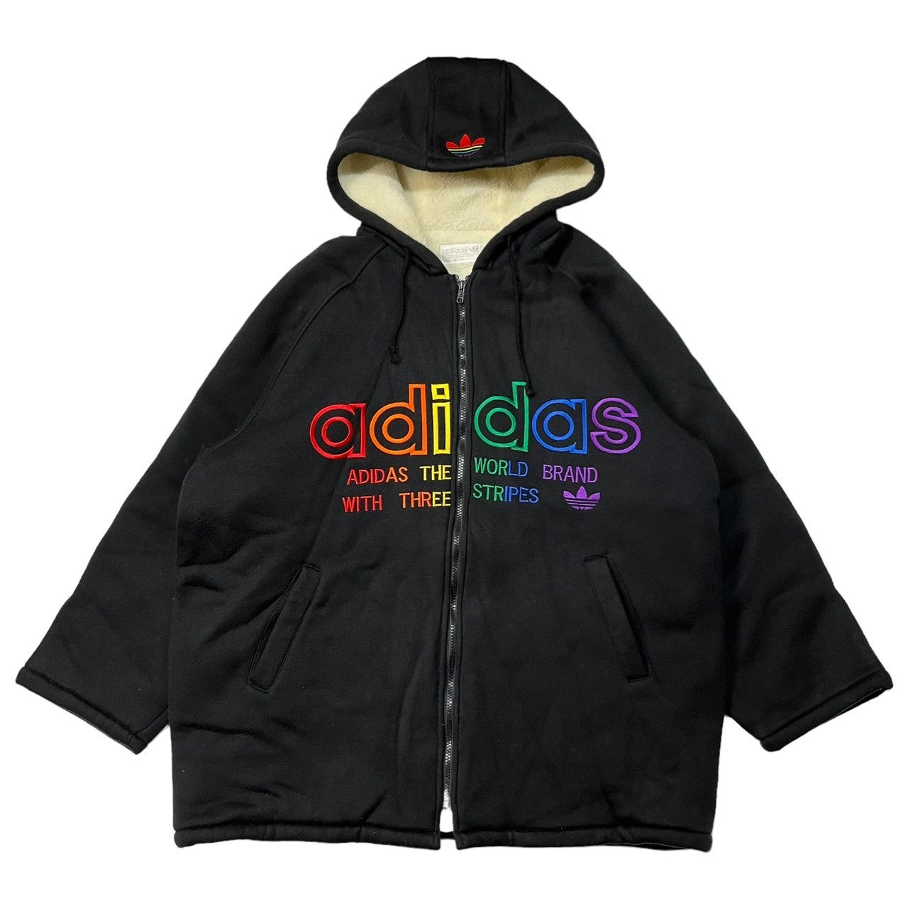 adidas(アディダス) 80's ~ 90's Logo oversized boa hoodie ロゴ刺繍 裏ボア オーバーサイズ ジップ パーカー ASC-5102 160(メンズXL程度) ブラック 80年代 ~ 90年代 デサント製