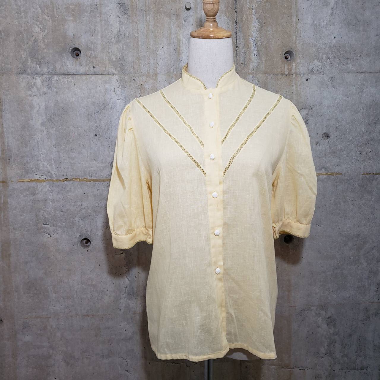 Vintage(ヴィンテージ) パプスリーブ×フレンチボタン半袖シャツ 36(Mサイズ程度) イエロー ドイツ製