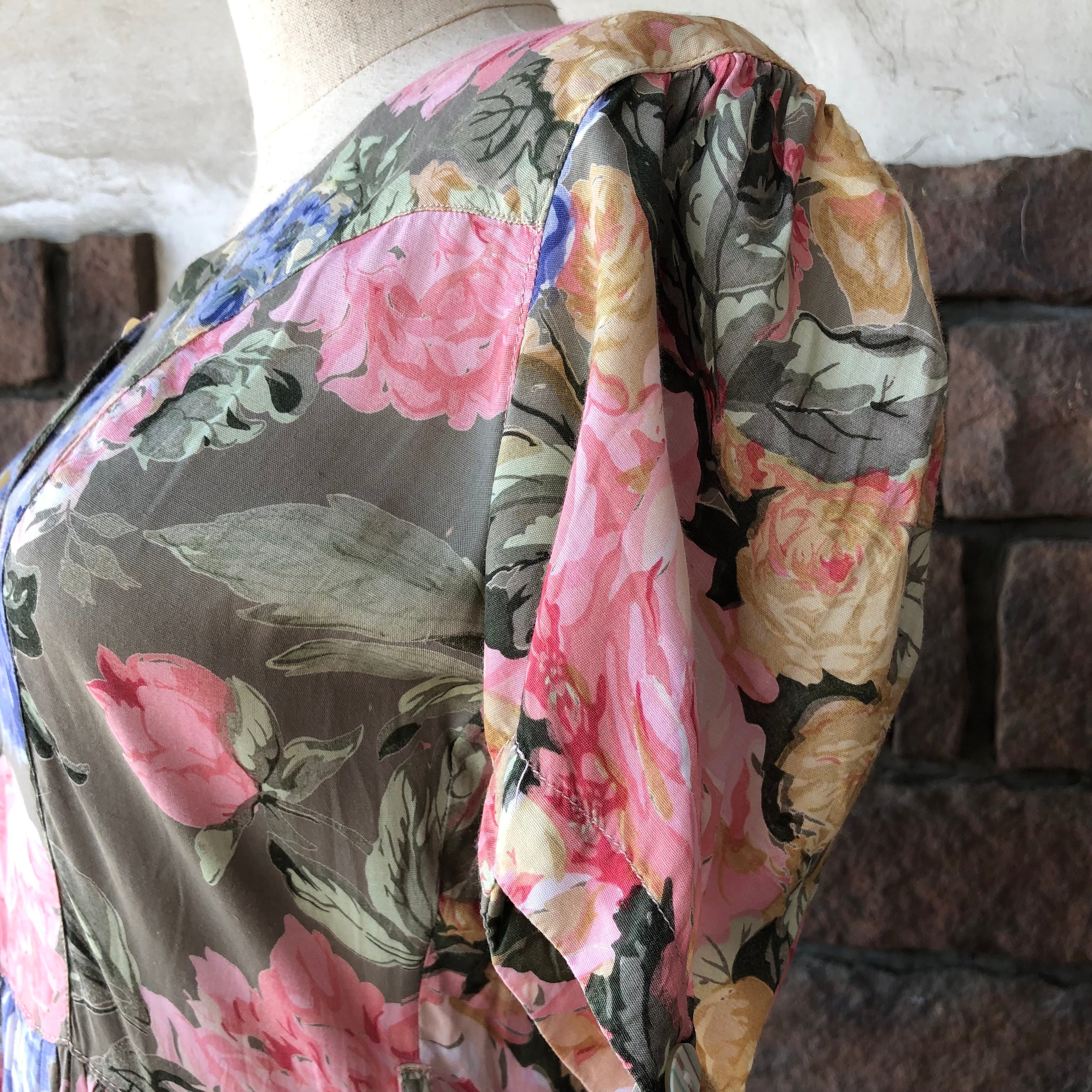 Euro Vintage(ヨーロッパヴィンテージ) Watercolor_浮かぶ花の半袖ワンピース S グリーン