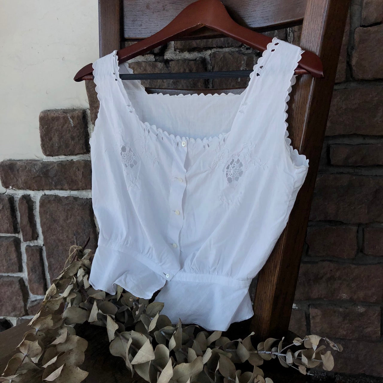 Euro Vintage(ヨーロッパヴィンテージ) Stem_フレンチノースリーブブラウス 表記なし(Mサイズ程度) ホワイト