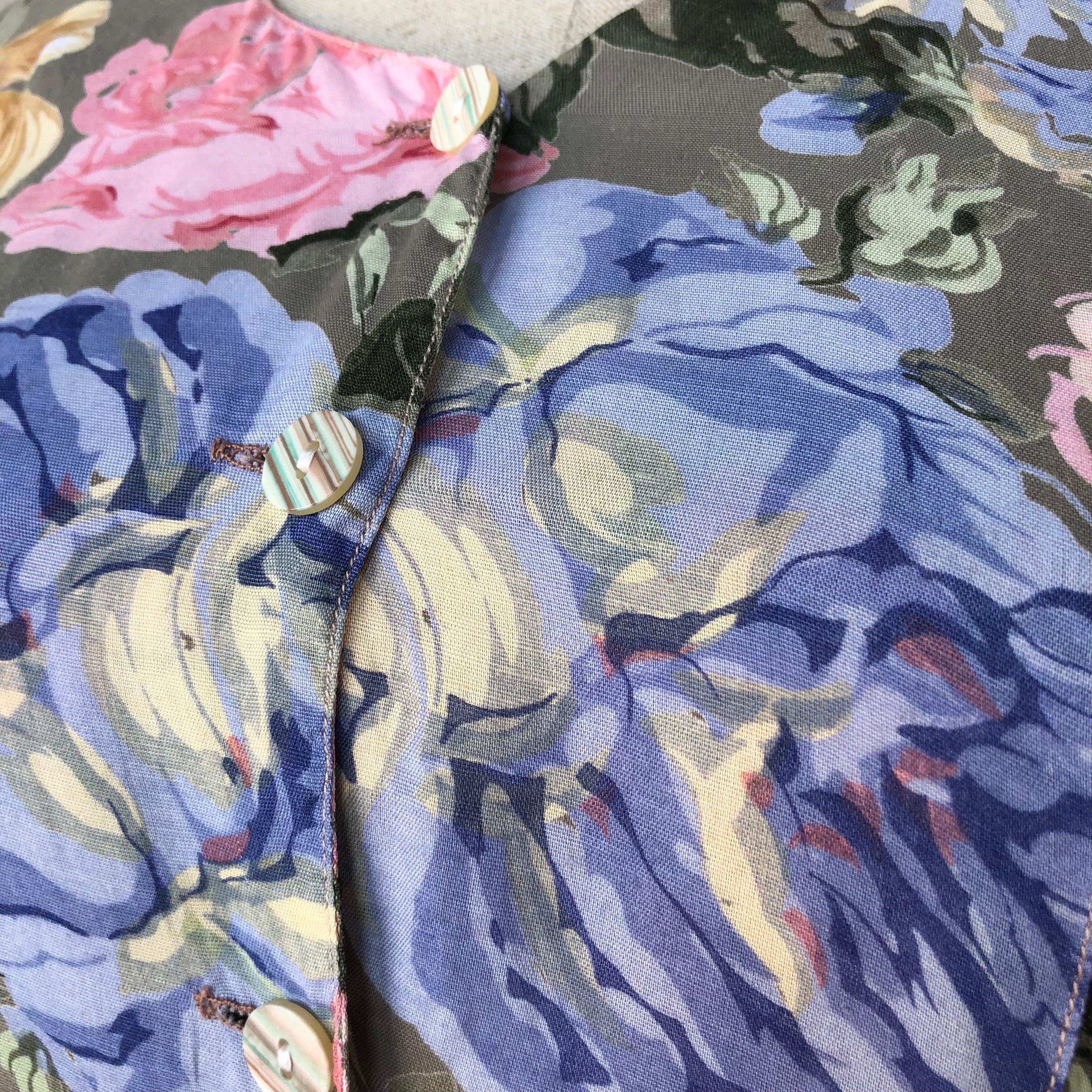 Euro Vintage(ヨーロッパヴィンテージ) Watercolor_浮かぶ花の半袖ワンピース S グリーン