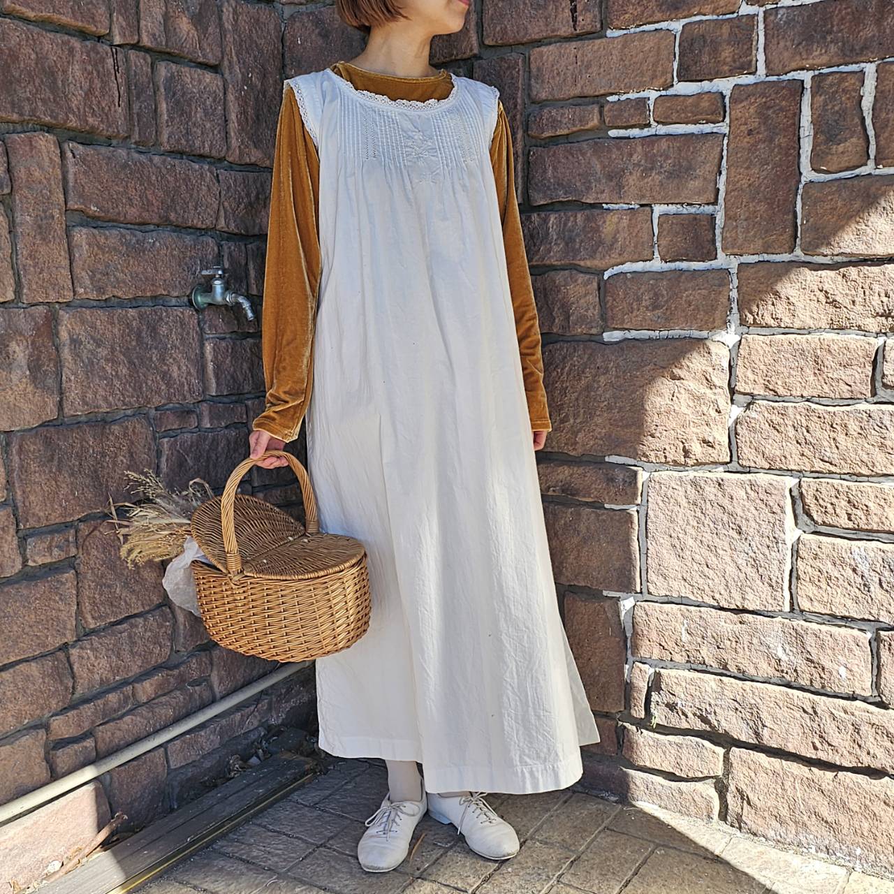 Euro Vintage(ヨーロッパヴィンテージ) Bouquet_フレンチノースリーブワンピース 表記なし(Lサイズ程度) ホワイト