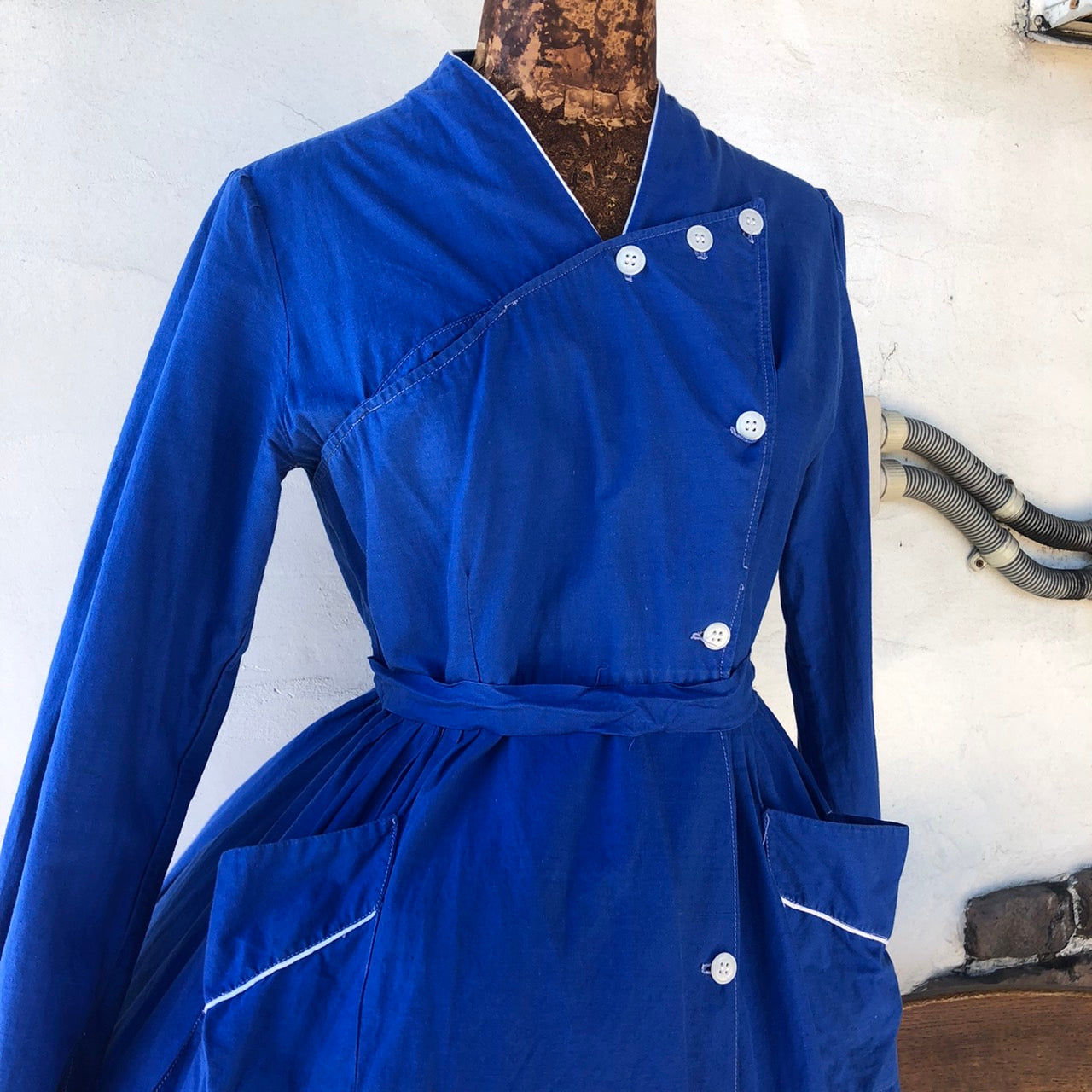 Euro vintage(ヨーロッパヴィンテージ) バックギャザー変形ワンピース 表記なし(Mサイズ程度) ブルー