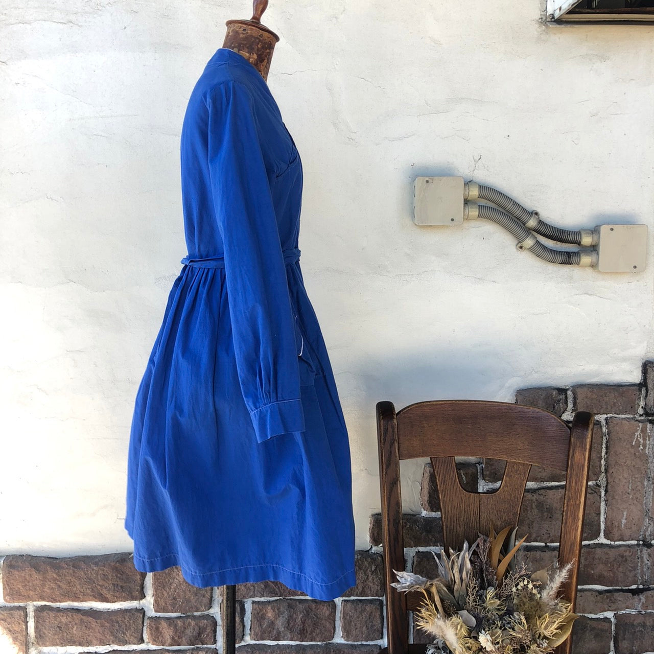 Euro vintage(ヨーロッパヴィンテージ) バックギャザー変形ワンピース 表記なし(Mサイズ程度) ブルー