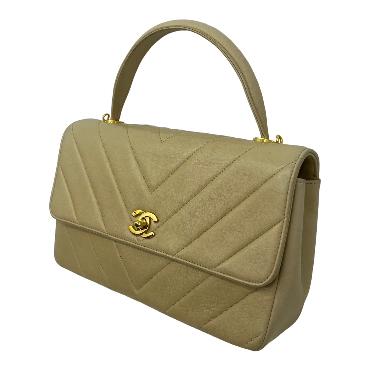 CHANEL(シャネル) Vステッチ ラムスキンハンドバッグ/ココマーク/シェブロン/ヴィンテージ/ヴィンテージシャネル 製造番号:22***** ベージュ/アイボリー 2番台 ゴールド金具 購入先:横浜タカシマヤ