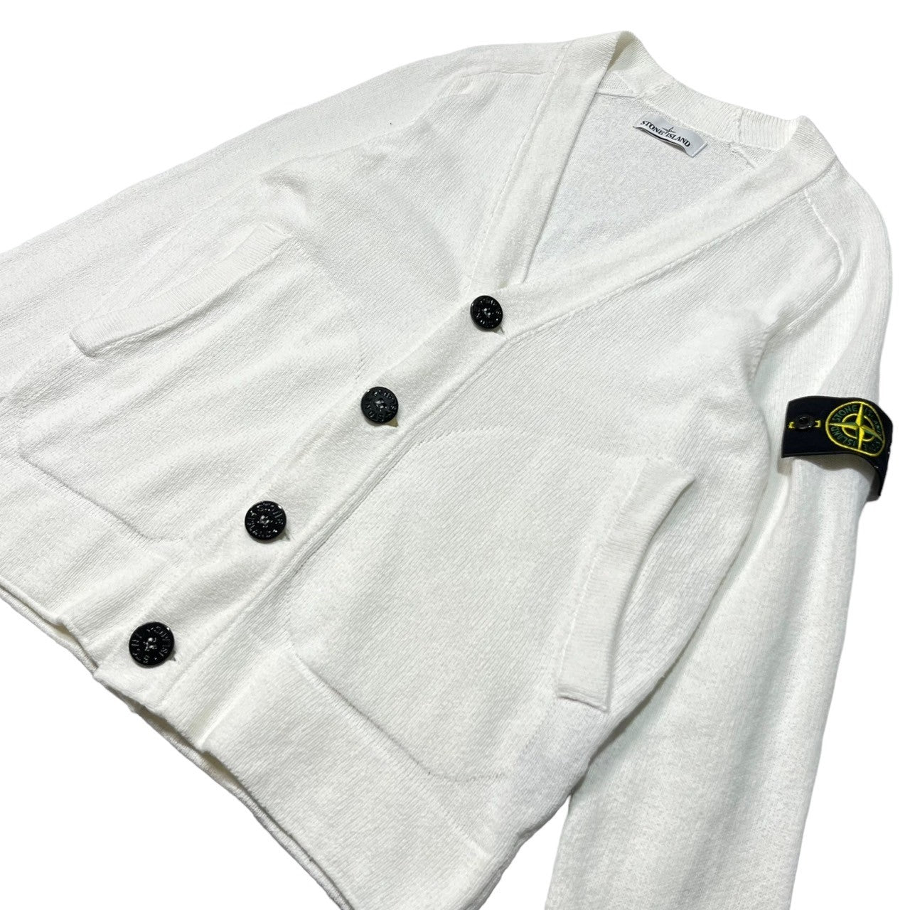 STONE ISLAND(ストーンアイランド) V-neck cotton cardigan Vネック コットン カーディガン ニット S ホワイト 腕章 ワッペン