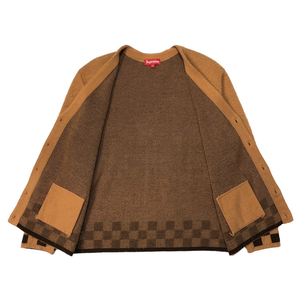 SUPREME(シュプリーム) 21SS Brushed Checkerboard Cardigan Camel ブラッシュドチェッカーボードニットカーディガン モヘアライク SIZE S ブラウン×ブラック キャメル ㈱SUPREME