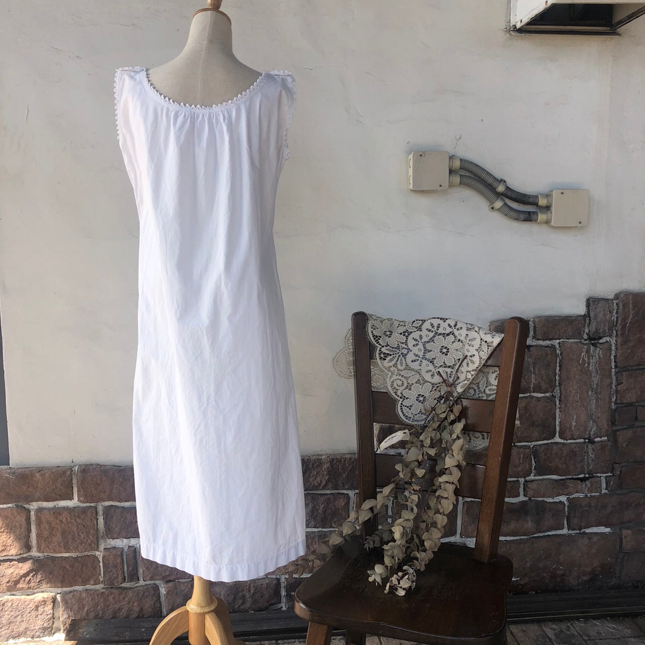 Euro Vintage(ヨーロッパヴィンテージ) Harmony_肩ボタンフレンチノースリーブワンピース 表記なし(Lサイズ程度) ホワイト