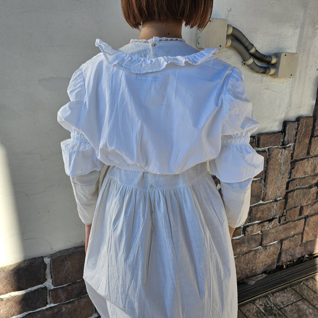 Vintage(ヴィンテージ) ウエストギャザー×フロントリボンショートトップス 46(Mサイズ程度) ホワイト