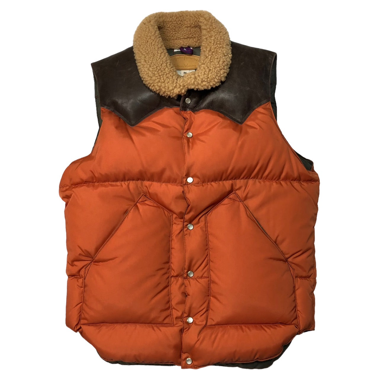 Rocky Mountain FeatherBed×WAREHOUSE(ロッキーマウンテンフェザーベッド×ウエアハウス) NYLON CHRISTY VEST/ナイロンクリスティーベスト/レザー切替ダウンベスト 450-492-72 36(S程度) ブラウン×オレンジ 限定モデル/Lot 2198