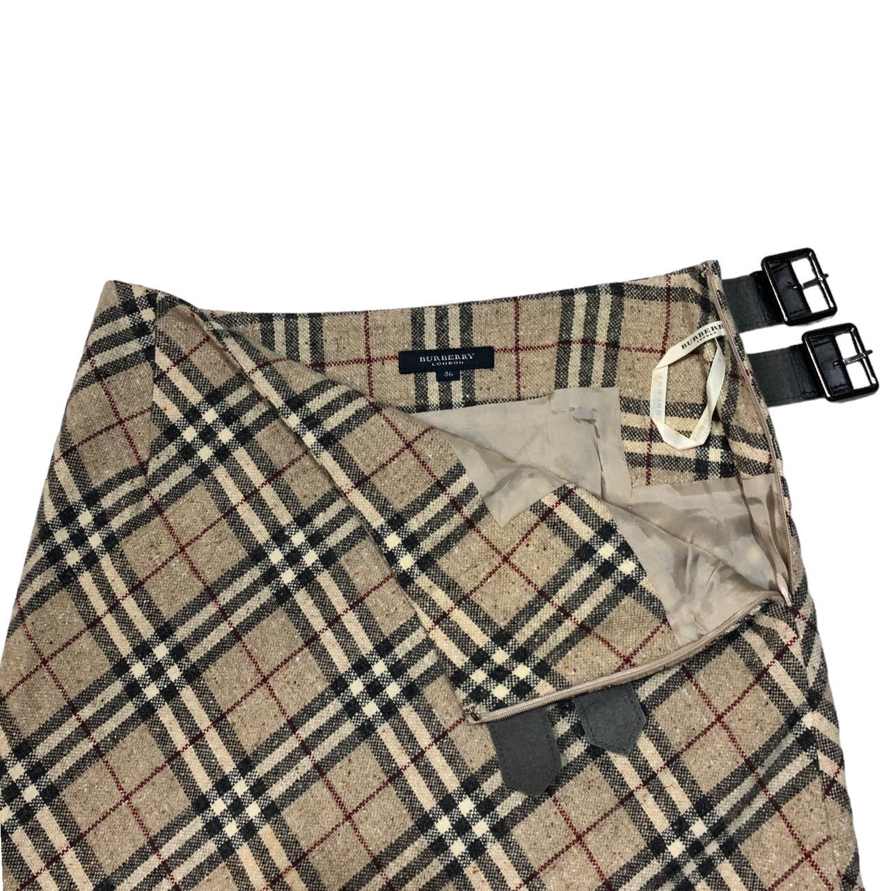 BURBERRY LONDON(バーバリーロンドン) ノヴァチェック アンゴラ カシミヤ ブレンド レザー ベルト ロング スカート FX058-074 36(S程度) ベージュ