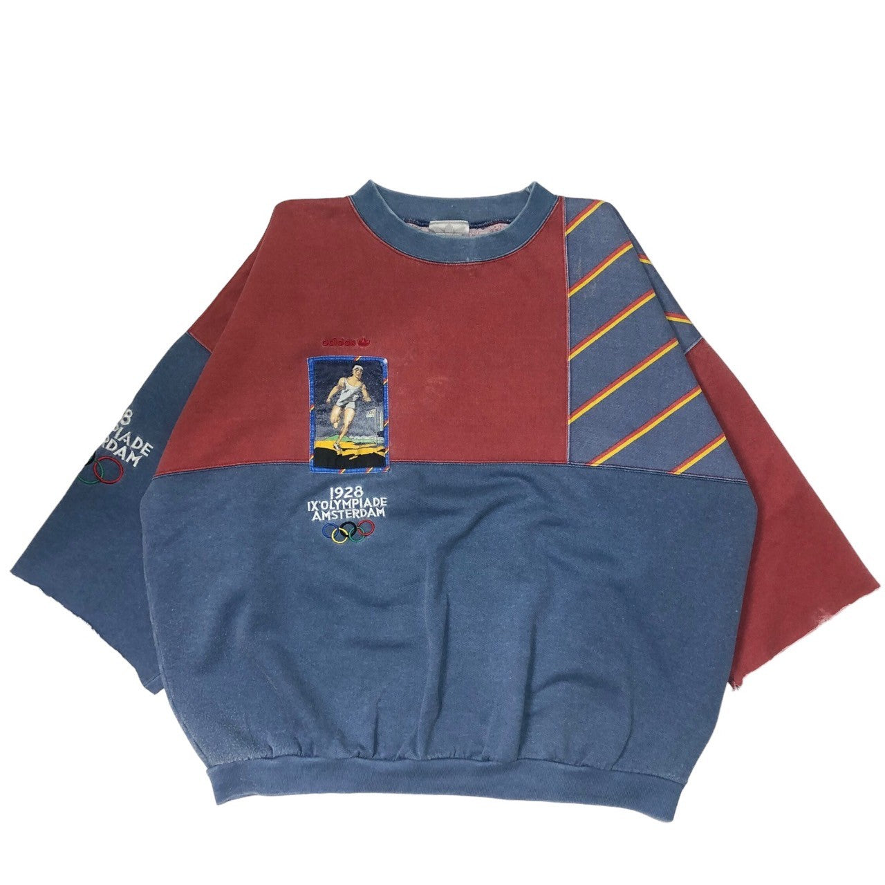 adidas(アディダス) 80's 1928 IX olympiade Amsterdam sweatshirt ロサンゼルスオリンピック アムステルダム スウェットシャツ 80年代 ヴィンテージ SIZE表記消え(XL程度) ブルー×レッド 袖切りっぱなしカスタム品