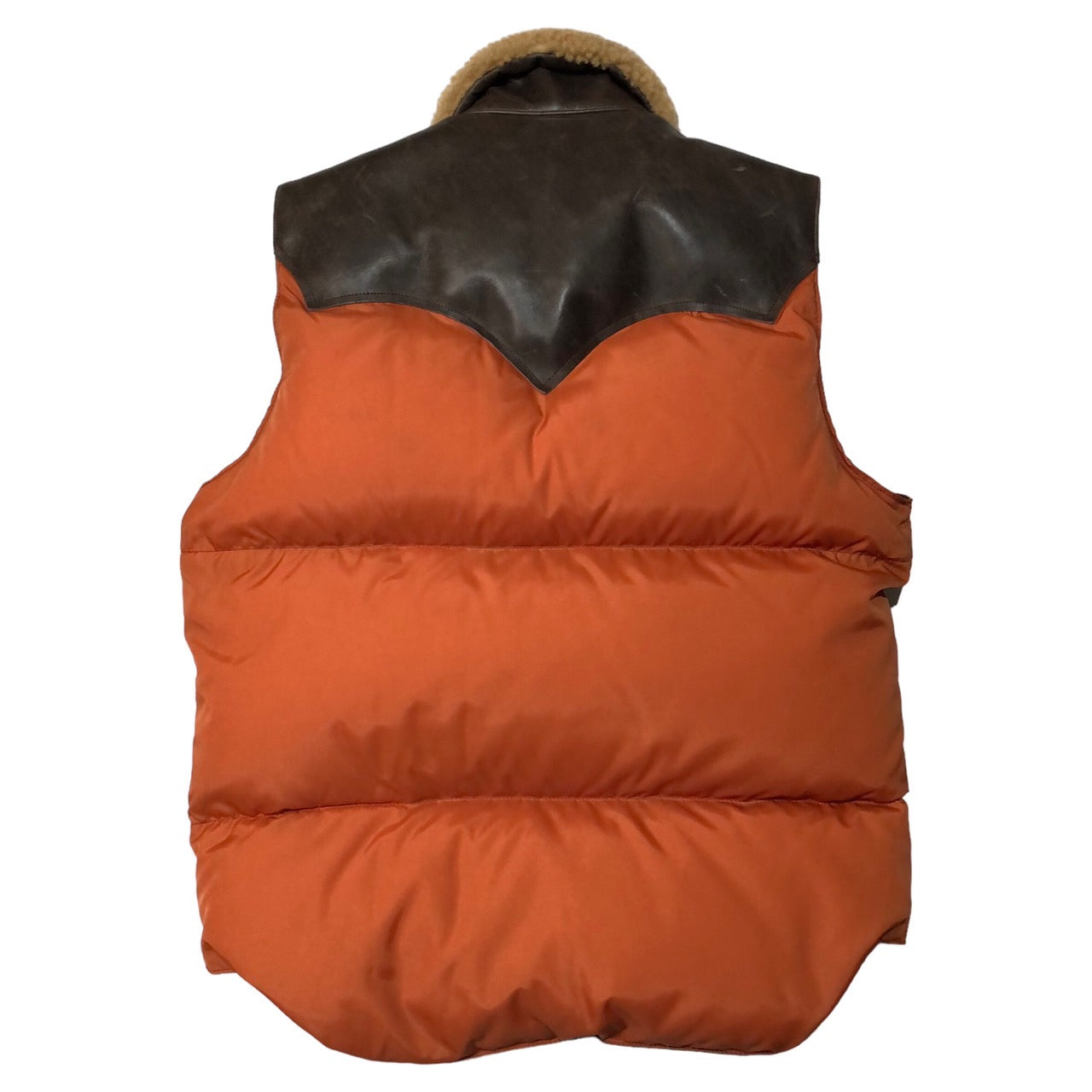 Rocky Mountain FeatherBed×WAREHOUSE(ロッキーマウンテンフェザーベッド×ウエアハウス) NYLON CHRISTY VEST/ナイロンクリスティーベスト/レザー切替ダウンベスト 450-492-72 36(S程度) ブラウン×オレンジ 限定モデル/Lot 2198