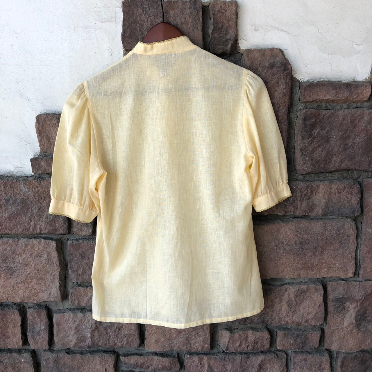 Vintage(ヴィンテージ) パプスリーブ×フレンチボタン半袖シャツ 36(Mサイズ程度) イエロー ドイツ製