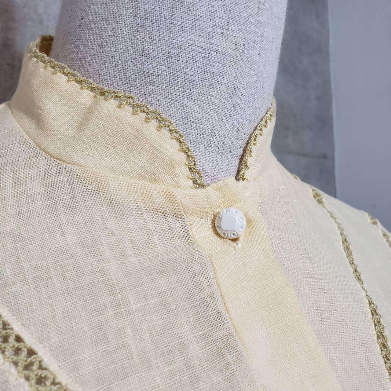 Vintage(ヴィンテージ) パプスリーブ×フレンチボタン半袖シャツ 36(Mサイズ程度) イエロー ドイツ製