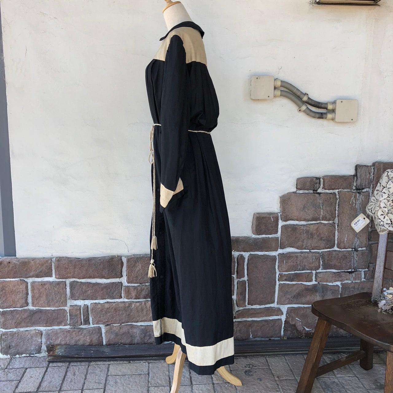 VINTAGE(ヴィンテージ) 1800~1900's切替リネンロングワンピース 表記なし(Lサイズ程度) ブラック Ark Bearer