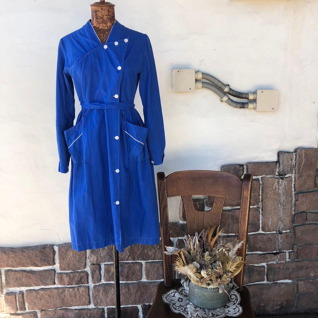 Euro vintage(ヨーロッパヴィンテージ) バックギャザー変形ワンピース 表記なし(Mサイズ程度) ブルー