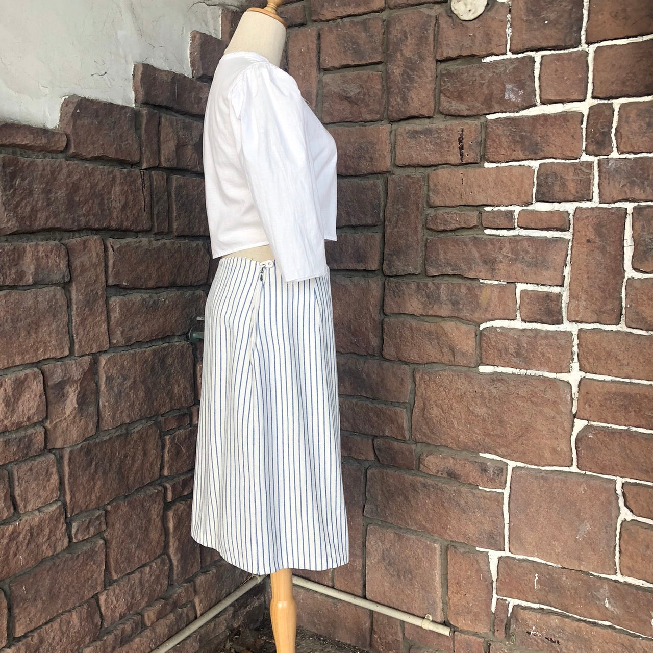 Euro Vintage(ヨーロッパヴィンテージ) Anohi_ストライプ膝丈スカート 表記なし(Lサイズ程度) ホワイト