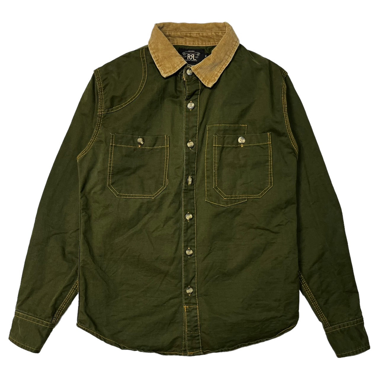 RRL(ダブルアールエル) コーデュロイ襟切替ワークシャツジャケット S カーキ/オリーブ/グリーン系