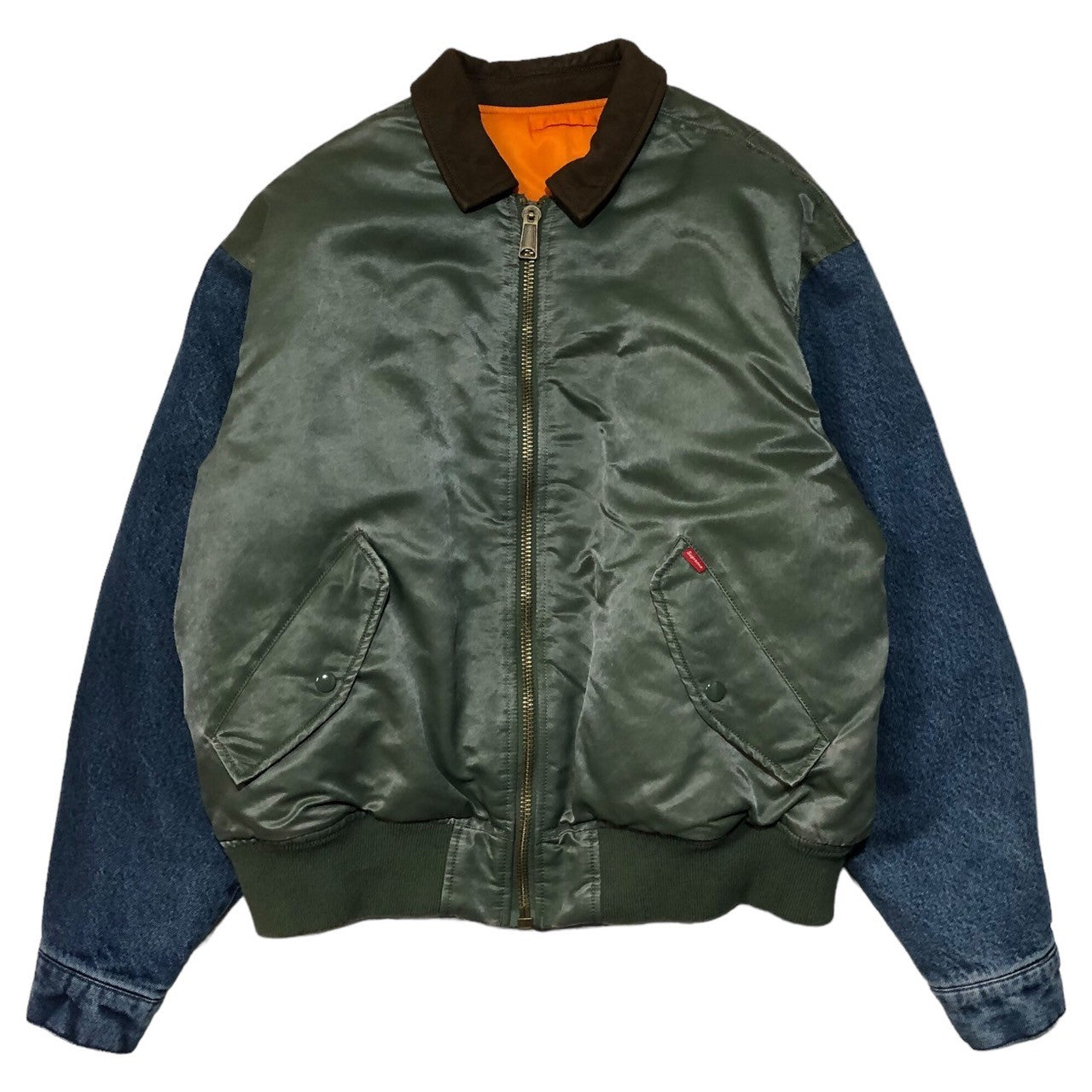 SUPREME(シュプリーム) 23SS Denim Sleeve Ma-1 "Olive" デニム スリーブ フライト ジャケット バック ロゴ M オリーブ×インディゴ