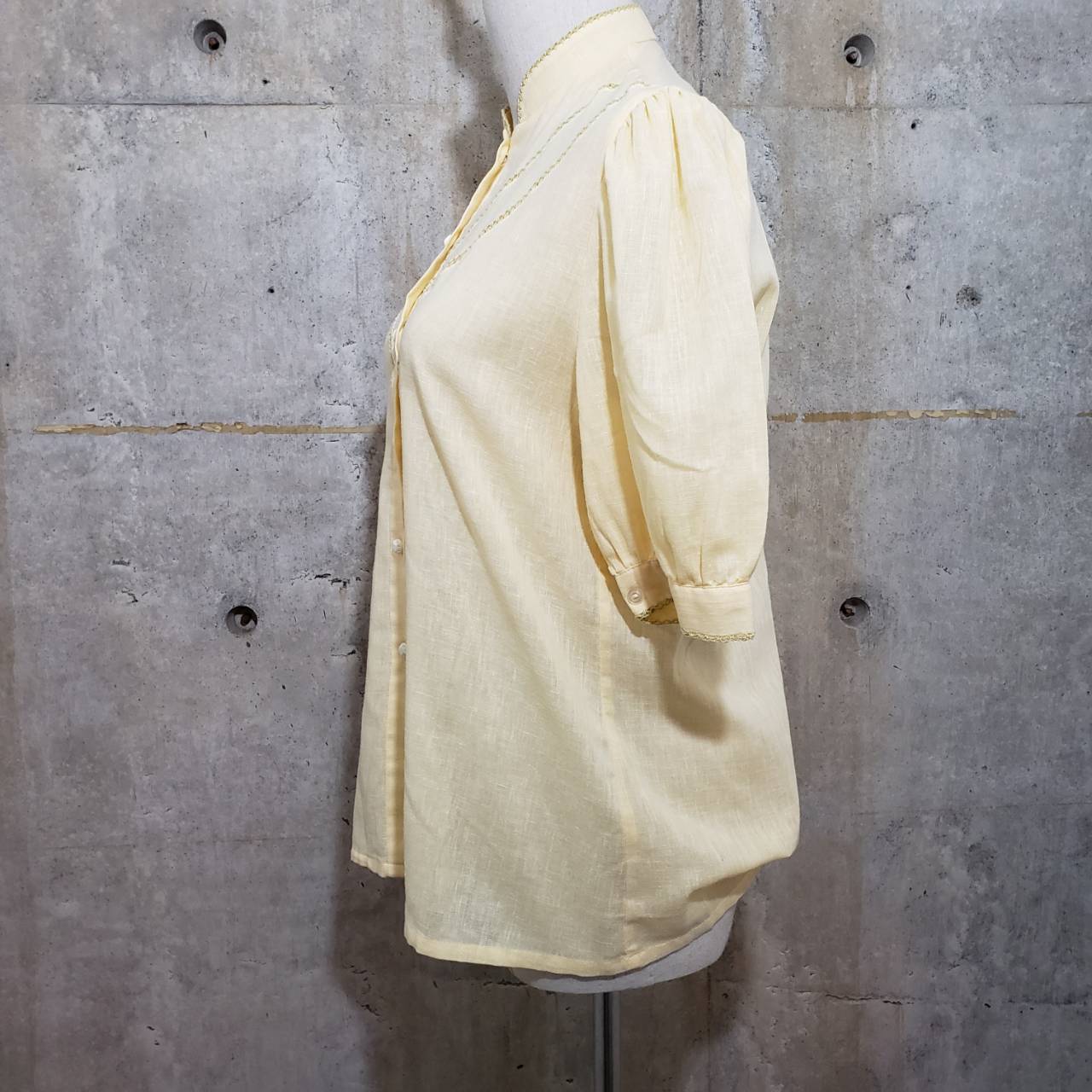 Vintage(ヴィンテージ) パプスリーブ×フレンチボタン半袖シャツ 36(Mサイズ程度) イエロー ドイツ製