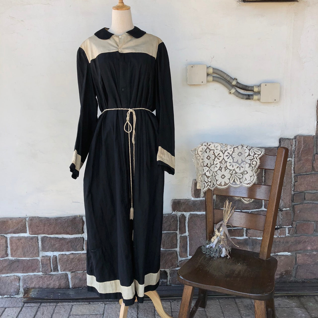 VINTAGE(ヴィンテージ) 1800~1900's切替リネンロングワンピース 表記なし(Lサイズ程度) ブラック Ark Bearer